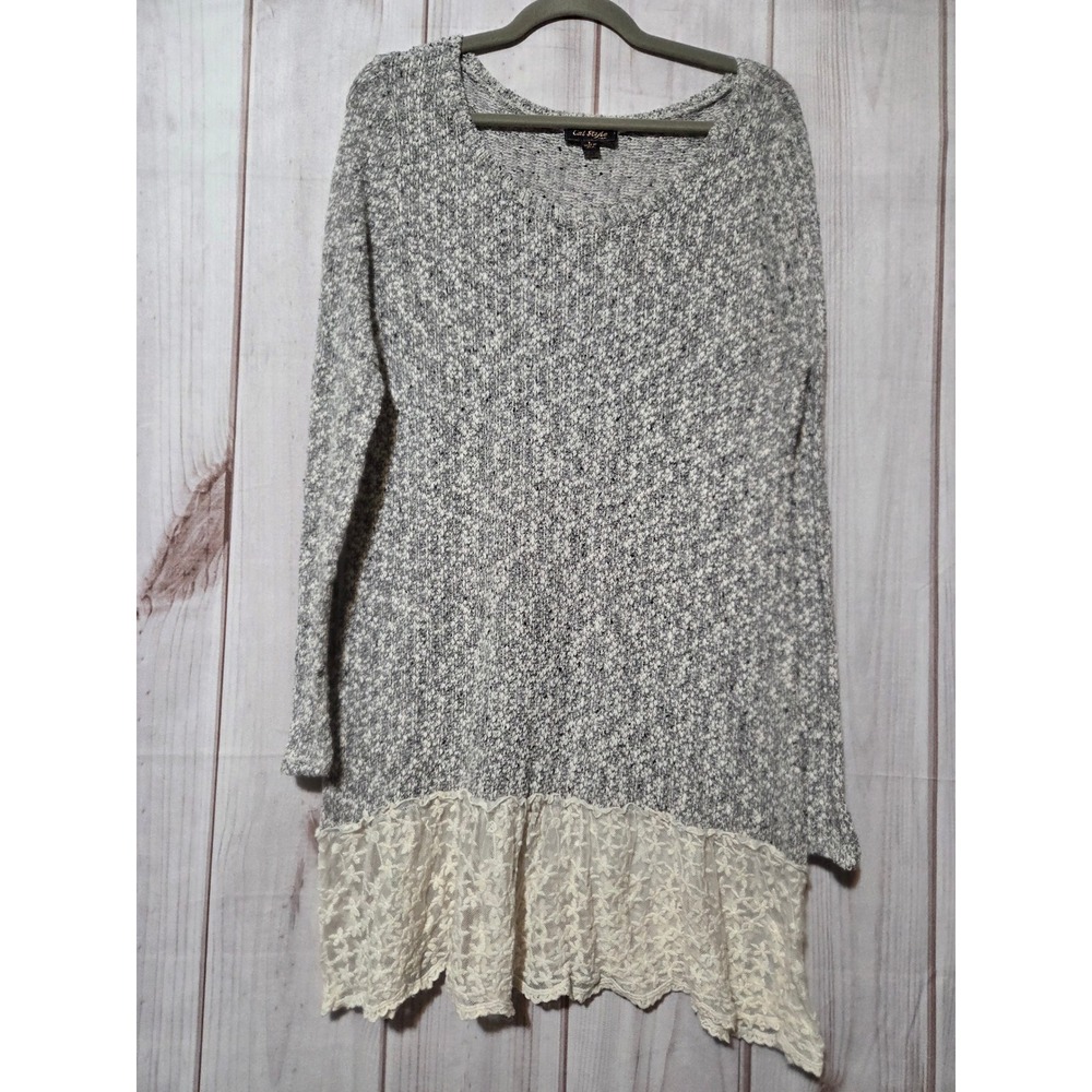 Cal Style USA Womens Large Grey Marled Knit Lace‎ Hem Long Sleeve Tunic Sweater